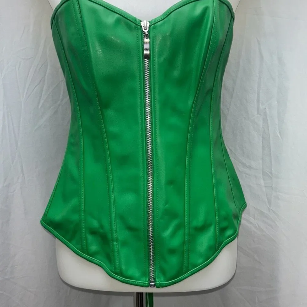 New green corset vegan leather front zip/back lace up Halloween XL - Picture 2 of 8